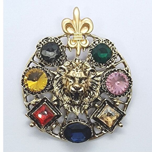 Regal Lion Head Brooch Statement Piece Faux Jewel on Gold Tone Metal - Picture 3 of 5
